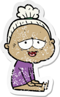 distressed sticker of a cartoon happy old lady png