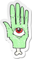 retro distressed sticker of a cartoon spooky eye hand png