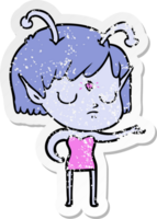 distressed sticker of a cartoon alien girl png