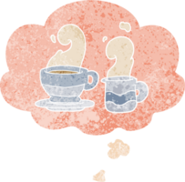 dessin animé tasse de café et bulle de pensée dans un style texturé rétro png