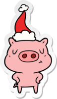 cartone animato adesivo di un maiale contenuto che indossa il cappello di Babbo Natale png
