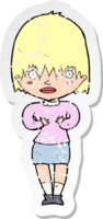 retro distressed sticker of a cartoon woman making Who Me gesture png