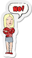 retro distressed sticker of a cartoon woman saying no png