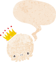 crânio de desenho animado com coroa e balão em estilo retrô-texturizado png