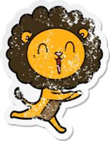 distressed sticker of a laughing lion cartoon running png