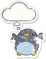 cute cartoon flapping penguin and thought bubble as a distressed worn sticker png