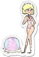 retro distressed sticker of a cartoon woman with beachball png