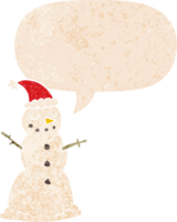 cartoon christmas snowman and speech bubble in retro textured style png