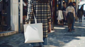 Elegant stylish woman carrying blank white shopping bag mock up, lifestyle fashion concept, template, banner with copy space text photo