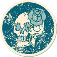 distressed sticker tattoo style icon of a skull and rose png