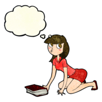 cartoon girl picking up book with thought bubble png