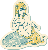 distressed sticker tattoo style icon  of a surprised mermaid png