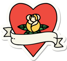 autocollant de style tatouage d'une rose de coeur et d'une bannière png