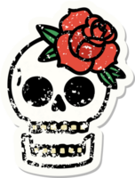 Traditionelles Distressed Sticker Tattoo mit einem Totenkopf und einer Rose png