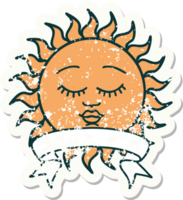 grunge sticker with banner of a sun with face png