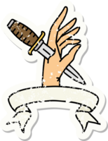 grunge sticker with banner of a dagger in the hand png