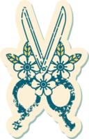 verontrust sticker tatoeëren stijl icoon van een kapper schaar en bloemen png