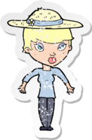 retro distressed sticker of a cartoon woman in summer hat png