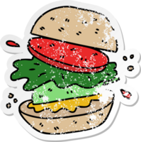 distressed sticker of a quirky hand drawn cartoon veggie burger png