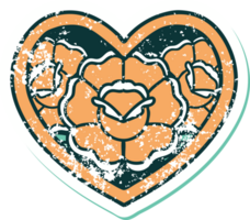 distressed sticker tattoo style icon of a heart and flowers png