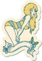 tattoo style sticker of a pinup girl in swimming costume with banner png