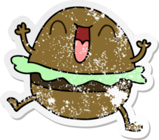 distressed sticker of a quirky hand drawn cartoon happy burger png