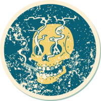 distressed sticker tattoo style icon of a skull smoking png