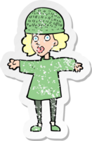 retro distressed sticker of a cartoon woman wearing winter hat png