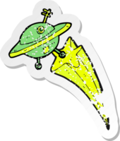 retro distressed sticker of a cartoon flying saucer png