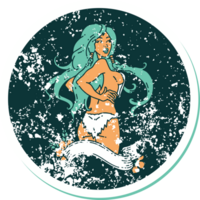 distressed sticker tattoo style icon of a pinup viking girl with banner png