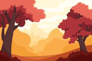 Beautiful autumn landscape in cartoon flat style. Mountains, fields and hills top view vector
