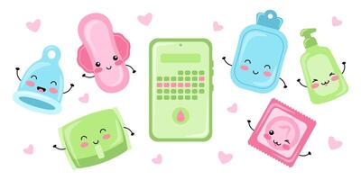 Set of different women's intimate hygiene items for menstrual period. Happy kawaii characters vector