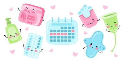 Set of different women's intimate hygiene items for menstrual period. Happy kawaii characters vector