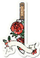 grunge sticker met banier van een dolk en bloemen png