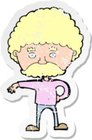 retro distressed sticker of a cartoon man with mustache making camp gesture png