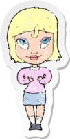 retro distressed sticker of a cartoon woman gesturing at self png