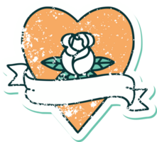 icono de estilo de tatuaje de pegatina angustiado de una rosa de corazón y pancarta png