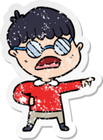 distressed sticker of a cartoon pointing boy wearing spectacles png