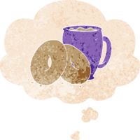 dessin animé café et beignets et bulle de pensée dans un style texturé rétro png