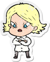 distressed sticker of a cartoon stressed woman png