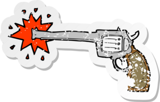 retro bedrövad klistermärke av en tecknad serie bränning pistol png