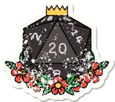 natural 20 D20 dice roll with floral elements grunge sticker png