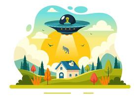 UFO Flying Spaceship Illustration with Rays of Light in Sky Night City View, Abducts Human and Alien in Flat Kids Cartoon Background Design vector