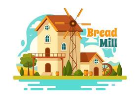 un pan molino ilustración con trigo sacos, varios panes y molino para producto panadería en plano dibujos animados antecedentes diseño vector