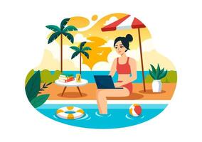 Lanza libre trabajadores relajante por el nadando piscina ilustración con Bebiendo cócteles y utilizando laptops en un plano dibujos animados estilo antecedentes vector