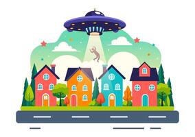 OVNI volador astronave ilustración con rayos de ligero en cielo noche ciudad vista, secuestra humano y extraterrestre en plano niños dibujos animados antecedentes diseño vector