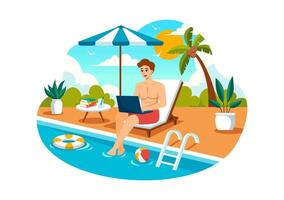 Lanza libre trabajadores relajante por el nadando piscina ilustración con Bebiendo cócteles y utilizando laptops en un plano dibujos animados estilo antecedentes vector