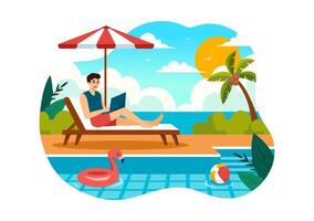 Lanza libre trabajadores relajante por el nadando piscina ilustración con Bebiendo cócteles y utilizando laptops en un plano dibujos animados estilo antecedentes vector