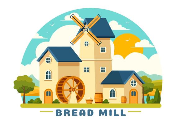 Bread Mill Illustration with Wheat Sacks, Various Breads and Windmill for Product Bakery in Flat Cartoon Background Design