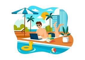 Lanza libre trabajadores relajante por el nadando piscina ilustración con Bebiendo cócteles y utilizando laptops en un plano dibujos animados estilo antecedentes vector